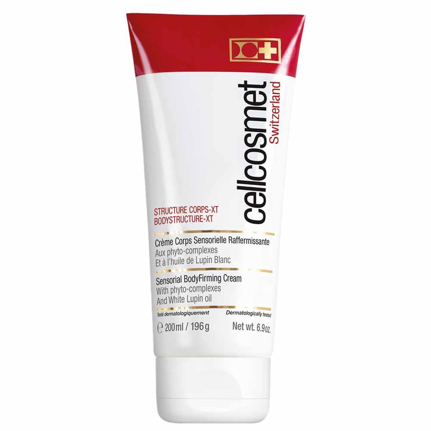 Creme-Tube, weiß-rot. Aufschrift: Cellcosmet, Body Structure XT. Text in Deutsch, Englisch und Französisch. Dermatologisch getestet.