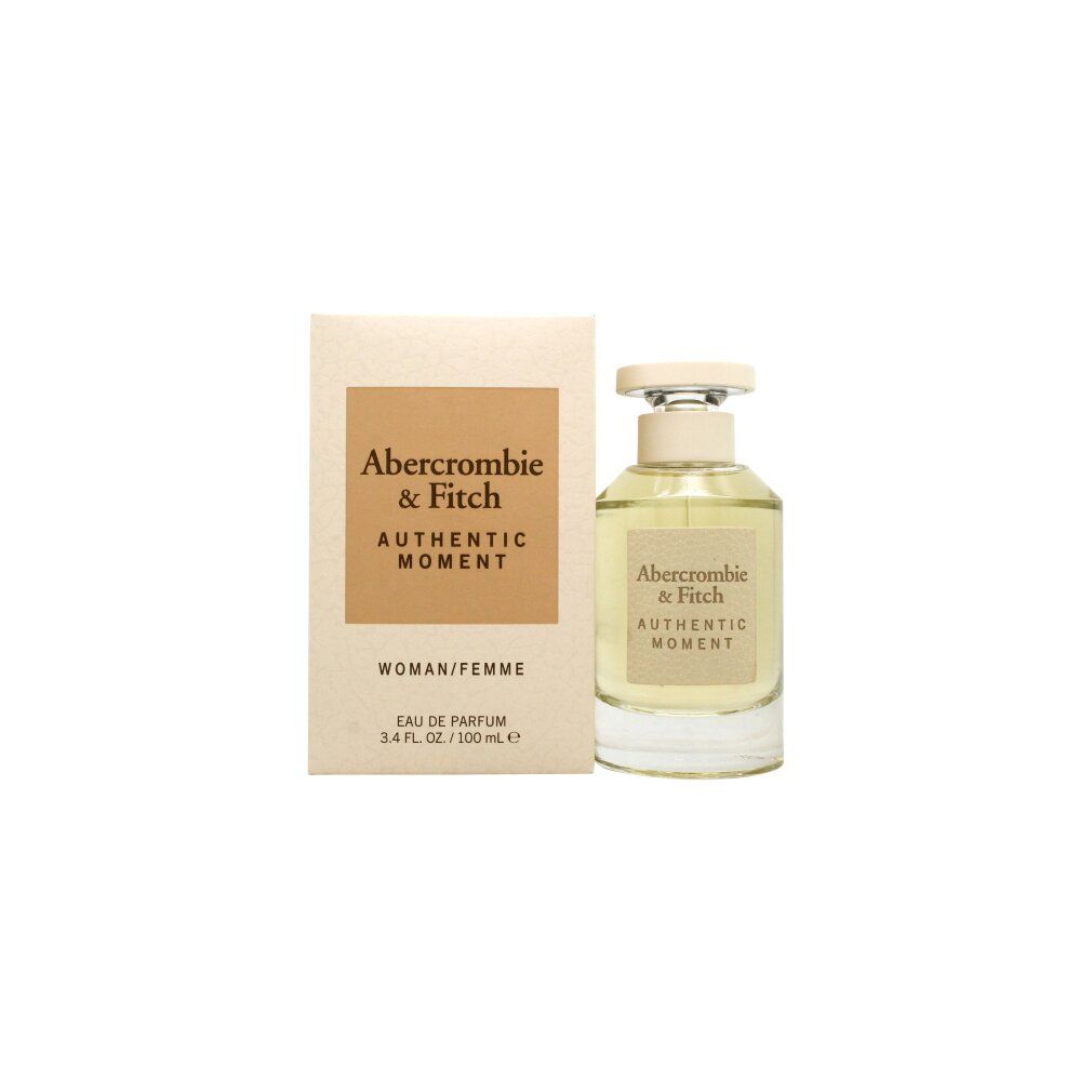Flakon und Verpackung. Aufschrift: Abercrombie & Fitch, Authentic Moment. Woman/Femme. Eau de Parfum.