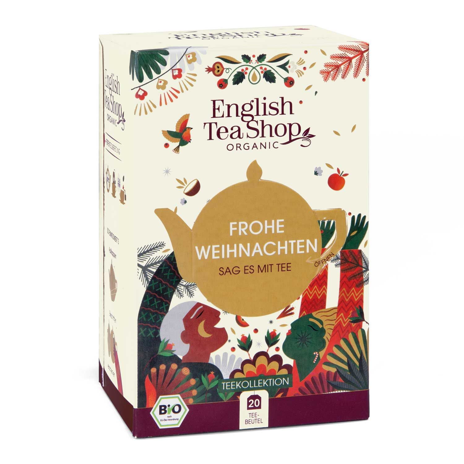 Teegeschenkbox mit Aufschrift "Frohe Weihnachten". Enthält 20 Teebeutel. Bio-Zertifizierung. English Tea Shop Logo.