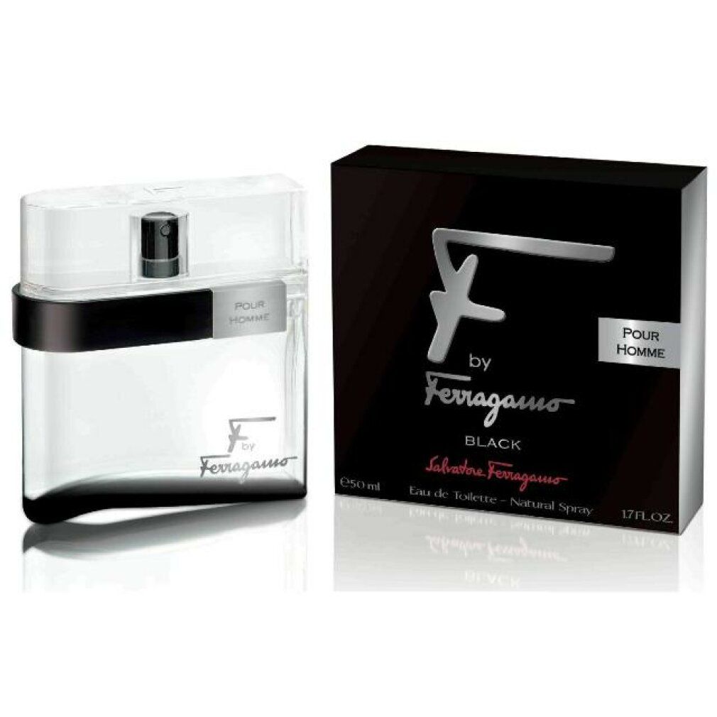 Schwarzer Karton und Flakon. Auf dem Karton steht "F by Ferragamo Black". Der Flakon hat eine schwarze Basis und einen transparenten Deckel.