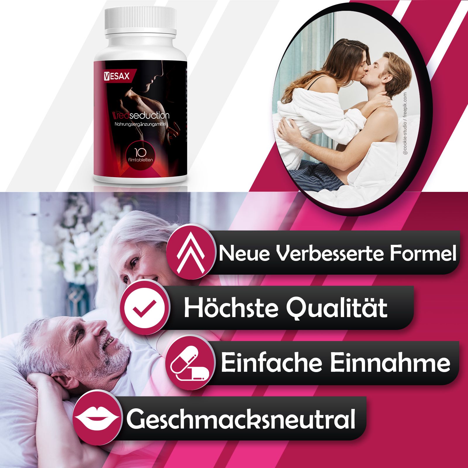 Weiße Flasche mit rotem Etikett. Aufschrift: Vesax, Red Seduction, Nahrungsergänzungsmittel, 10 Filmtabletten. Text: Neue verbesserte Formel, etc.