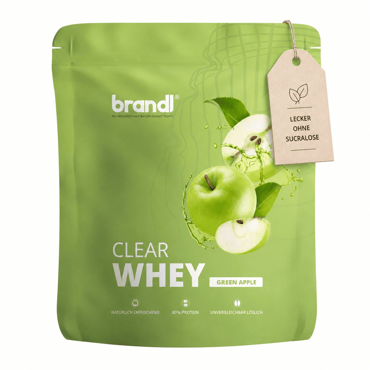 Grüner Beutel mit "brandl Clear Whey Green Apple". Text: "Lecker ohne Sucralose", "80% Protein", "natürlich erfrischend".