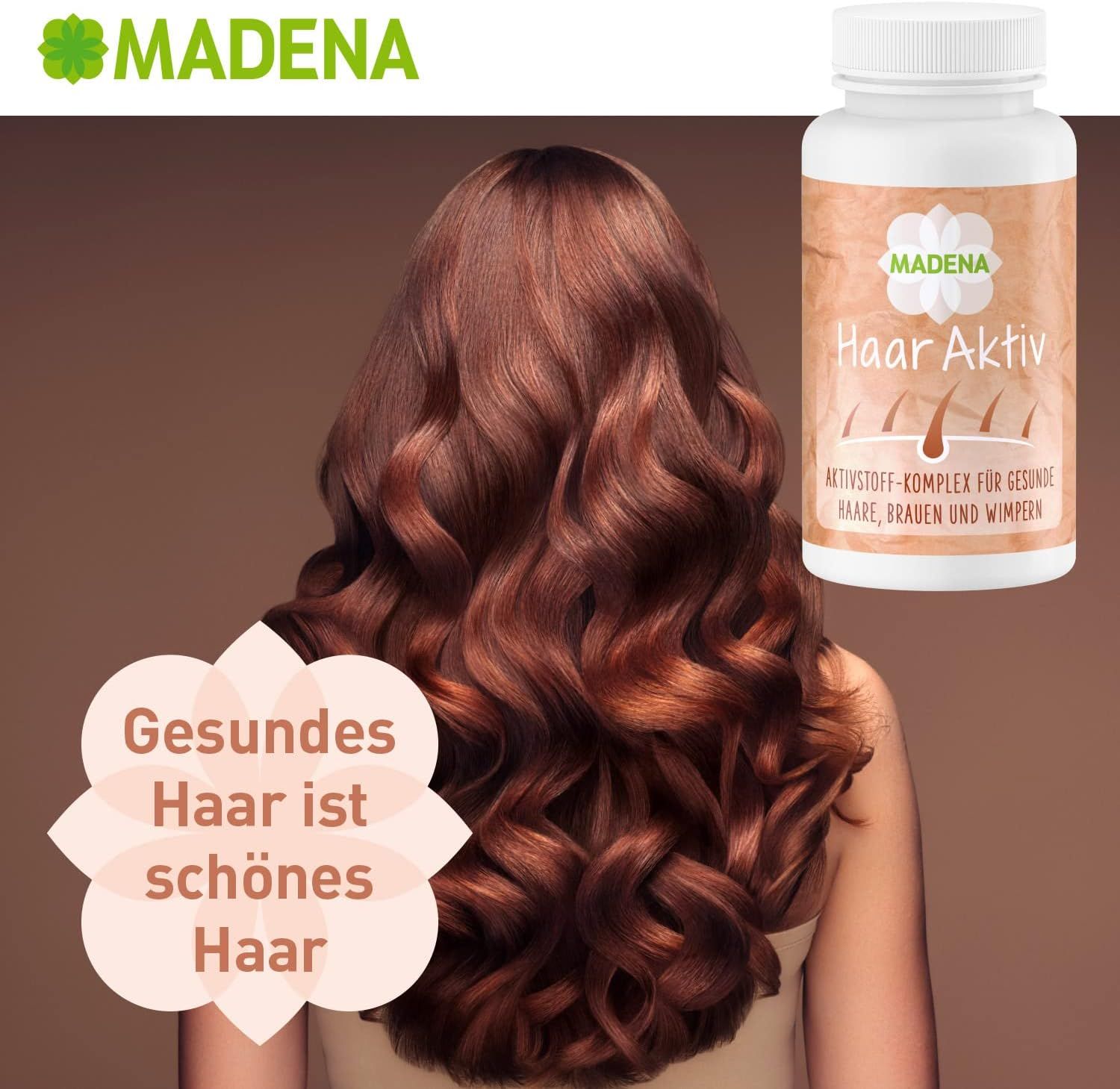 MADENA Haar Aktiv Kapseln, Flasche neben Frau mit langen, gewellten, braunen Haaren. Text: 'Gesundes Haar ist schönes Haar'.