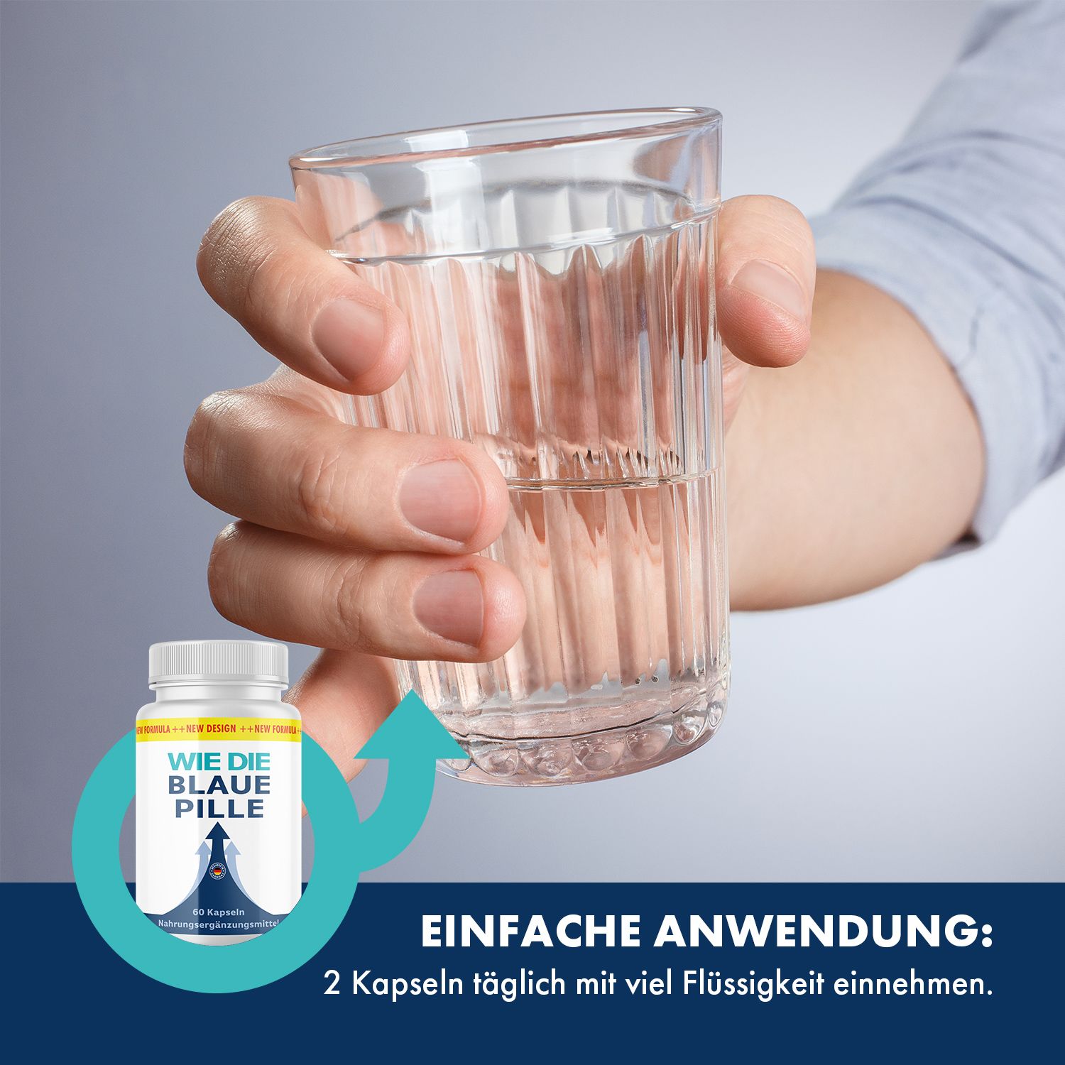 Hand hält Glas Wasser und Flasche. Text: Einfache Anwendung: 2 Kapseln täglich mit viel Flüssigkeit einnehmen.