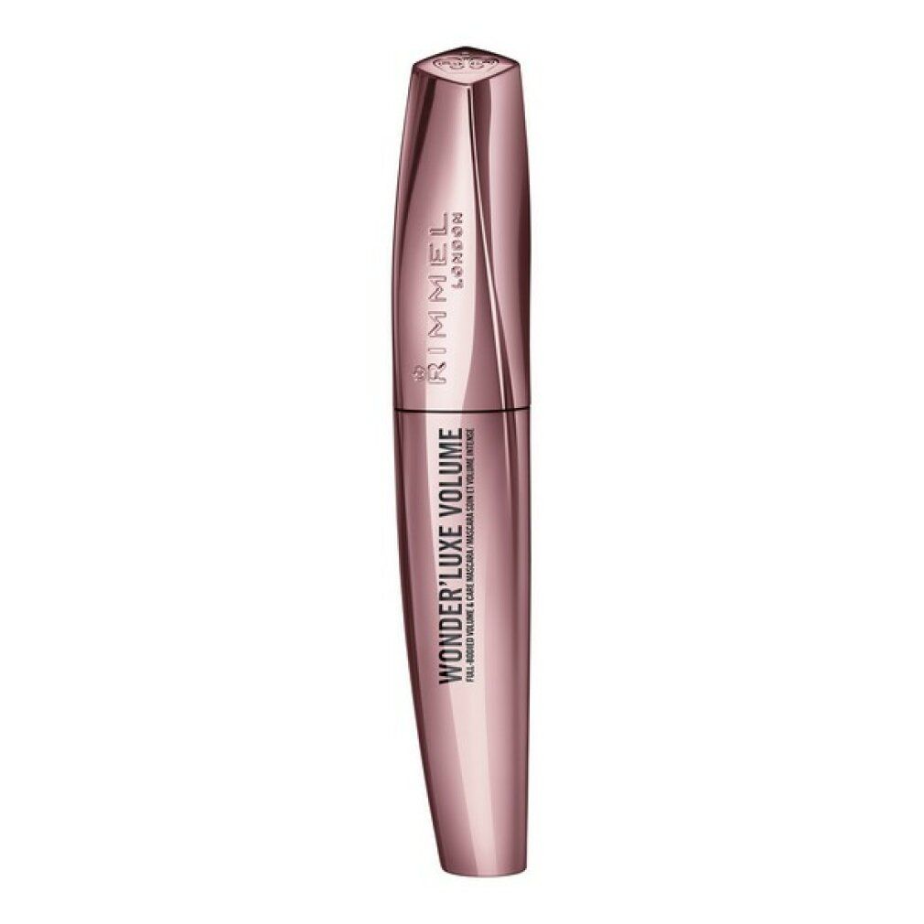 Rosafarbene Mascarahülse mit schwarzer Schrift. Produktname: Wonder'Luxe Volume. Marke: Rimmel London. Schwarze Mascara.