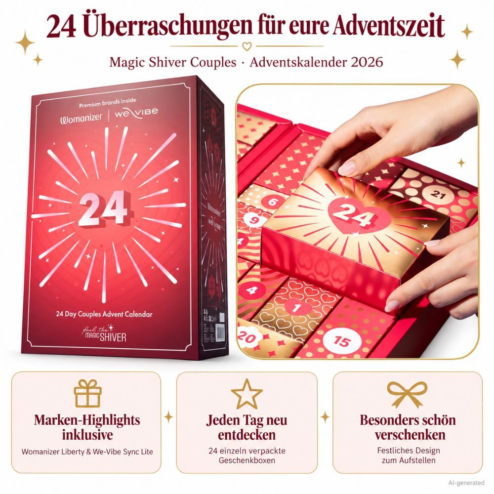 Adventskalender mit nummerierten Schachteln und darauf platzierten Produkten, Nahaufnahme.