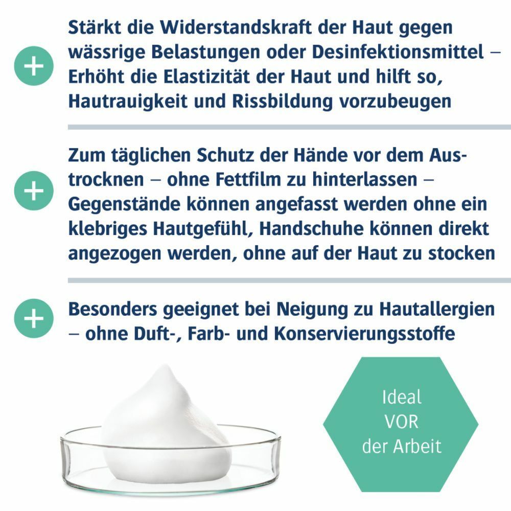 Schaumcreme auf Glas. Text: Stärkt die Widerstandskraft der Haut. Geeignet bei Hautallergien. Ohne Duft-, Farb- und Konservierungsstoffe. Ideal vor der Arbeit.