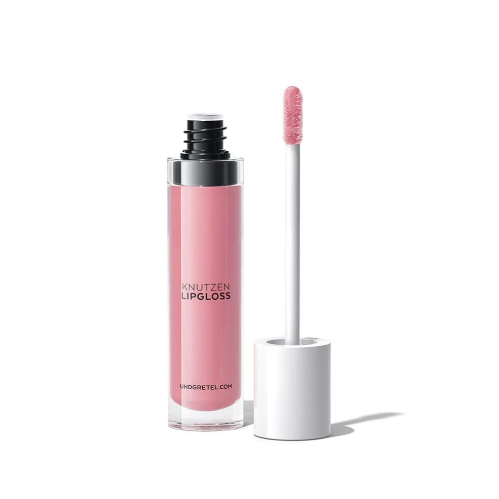 Lipgloss-Fläschchen mit Applikator. Der Lipgloss ist rosa. Auf dem Fläschchen steht 'Knutzen Lipgloss'.