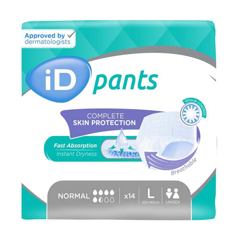 Verpackung iD Pants Normal L. Aufdruck: "Approved by dermatologists", "Complete Skin Protection", "Fast Absorption", "Instant Dryness", "Normal", x14, L, Unisex.