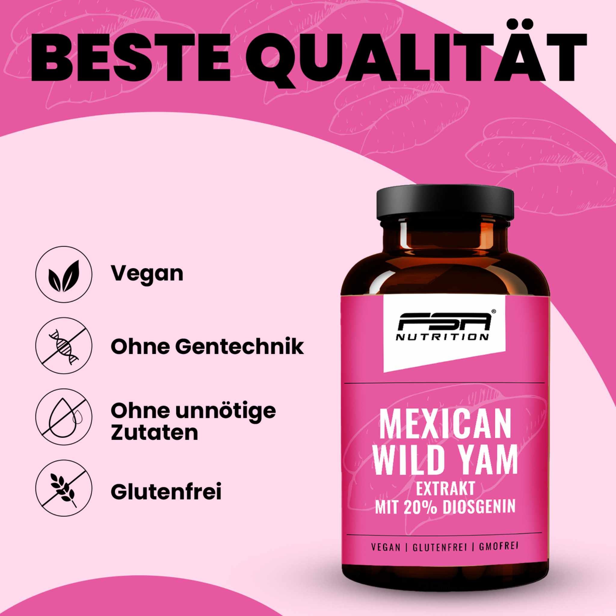 FSA NUTRITION Yamswurzel Extrakt | Mexican Wild Yams Extrakt mit 20% Diosgenin 180 Kapseln im Glas