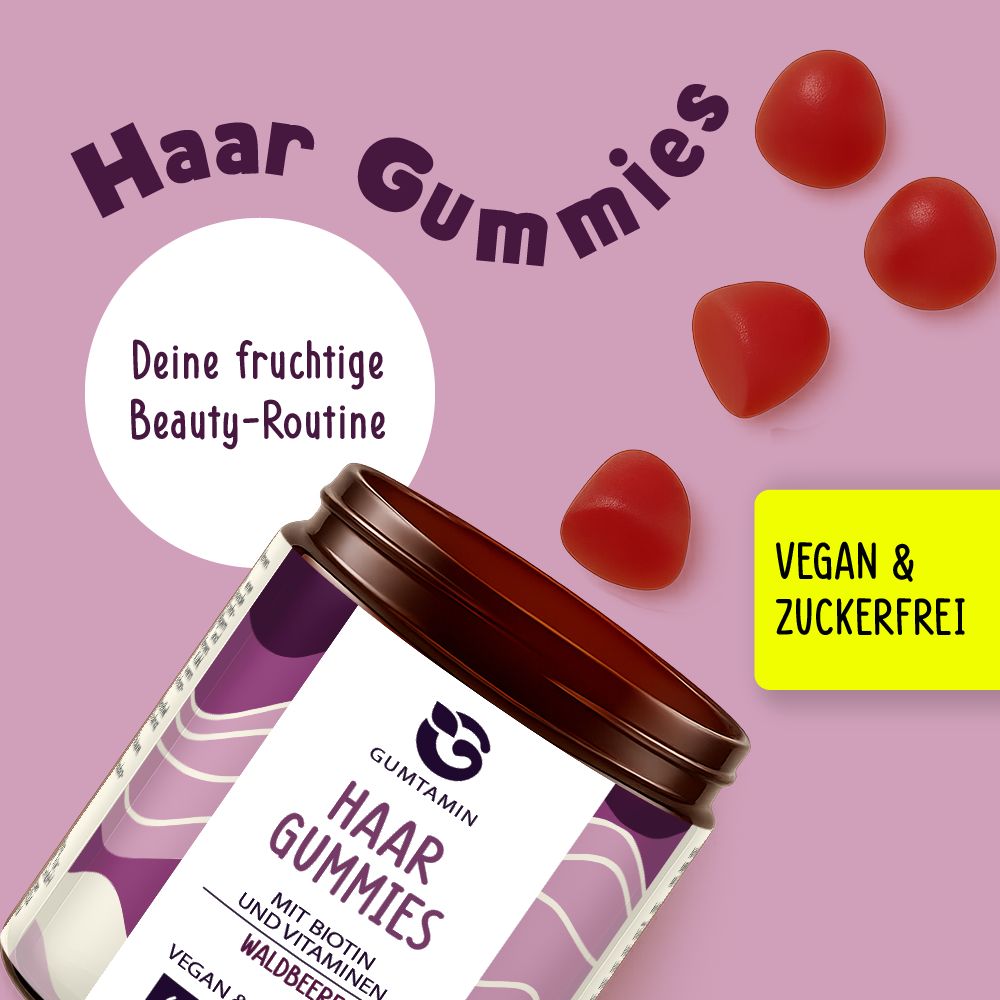 Dose mit roten Gummibärchen. Text: Haar Gummies, Deine fruchtige Beauty-Routine, Vegan & Zuckerfrei.