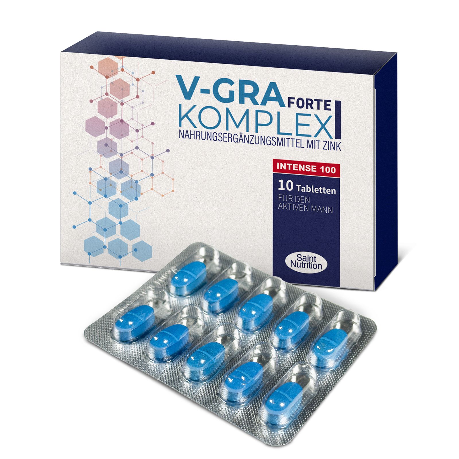 Blisterpackung mit blauen Tabletten und Schachtel mit Aufschrift V-GRA Forte Komplex. Enthält 10 Tabletten.