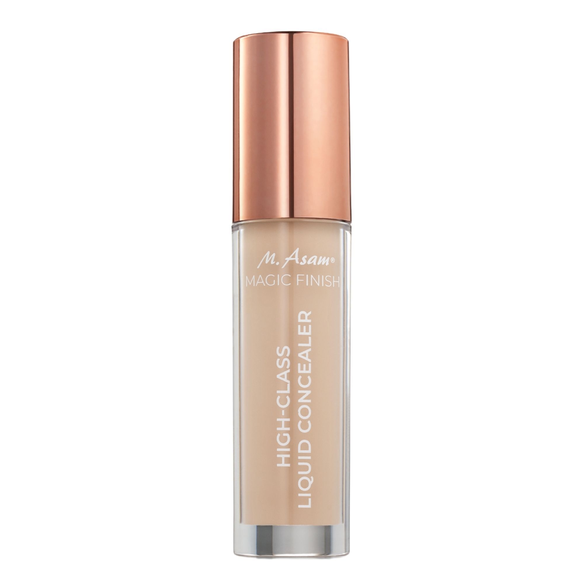 Flüssiger Concealer in einer Glasflasche mit roségoldfarbenem Deckel. Produktname: M. Asam MAGIC FINISH HIGH-CLASS LIQUID CONCEALER.
