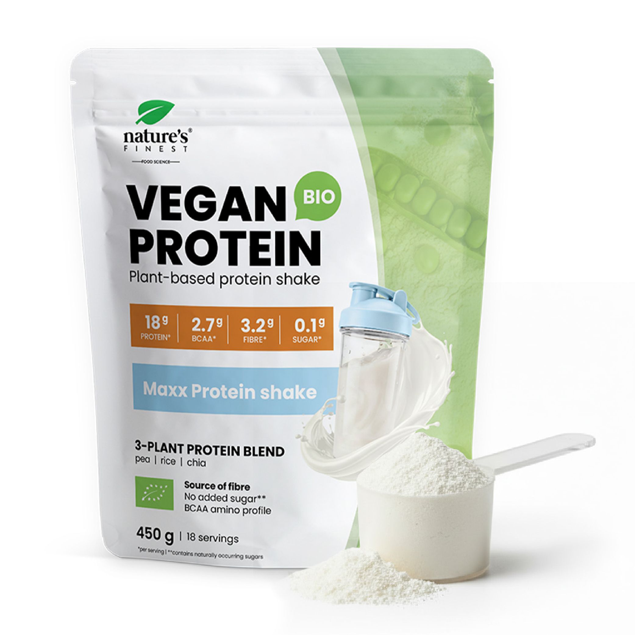 Beutel Nature's Finest Vegan Bio Maxx Protein Shake, Löffel mit Pulver, Shake-Flasche.