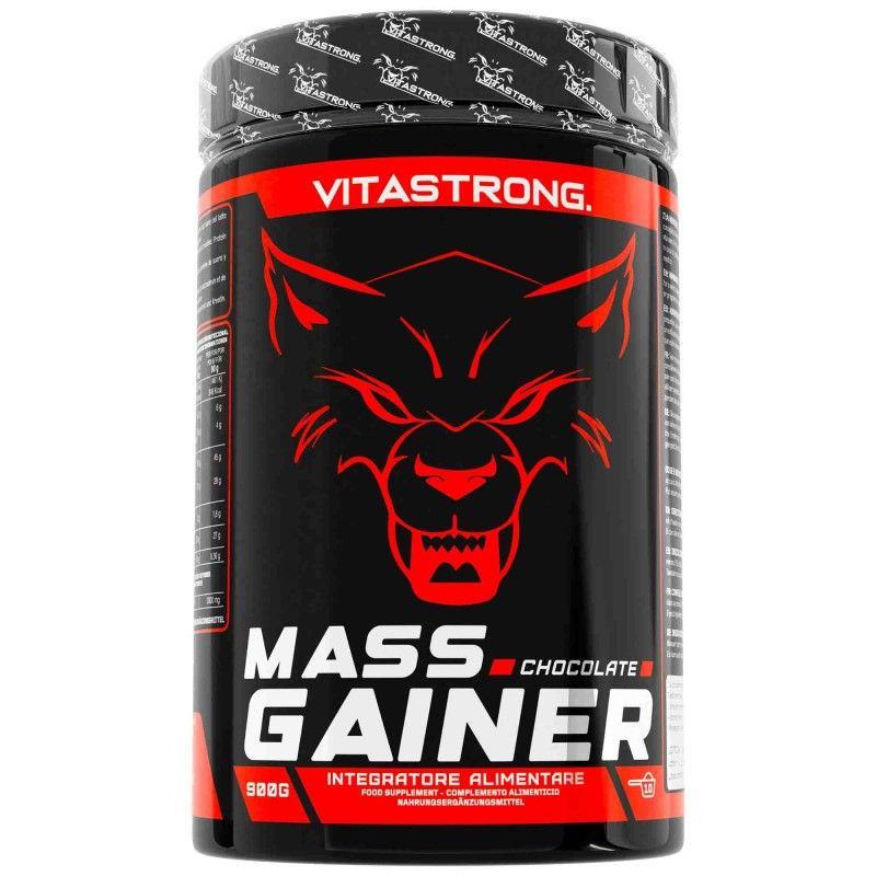 Schwarze Dose mit rotem Etikett. Enthält Vitastrong Mass Gainer. Roter Wolfskopf. 900g. Deckel mit Vitastrong-Logo.