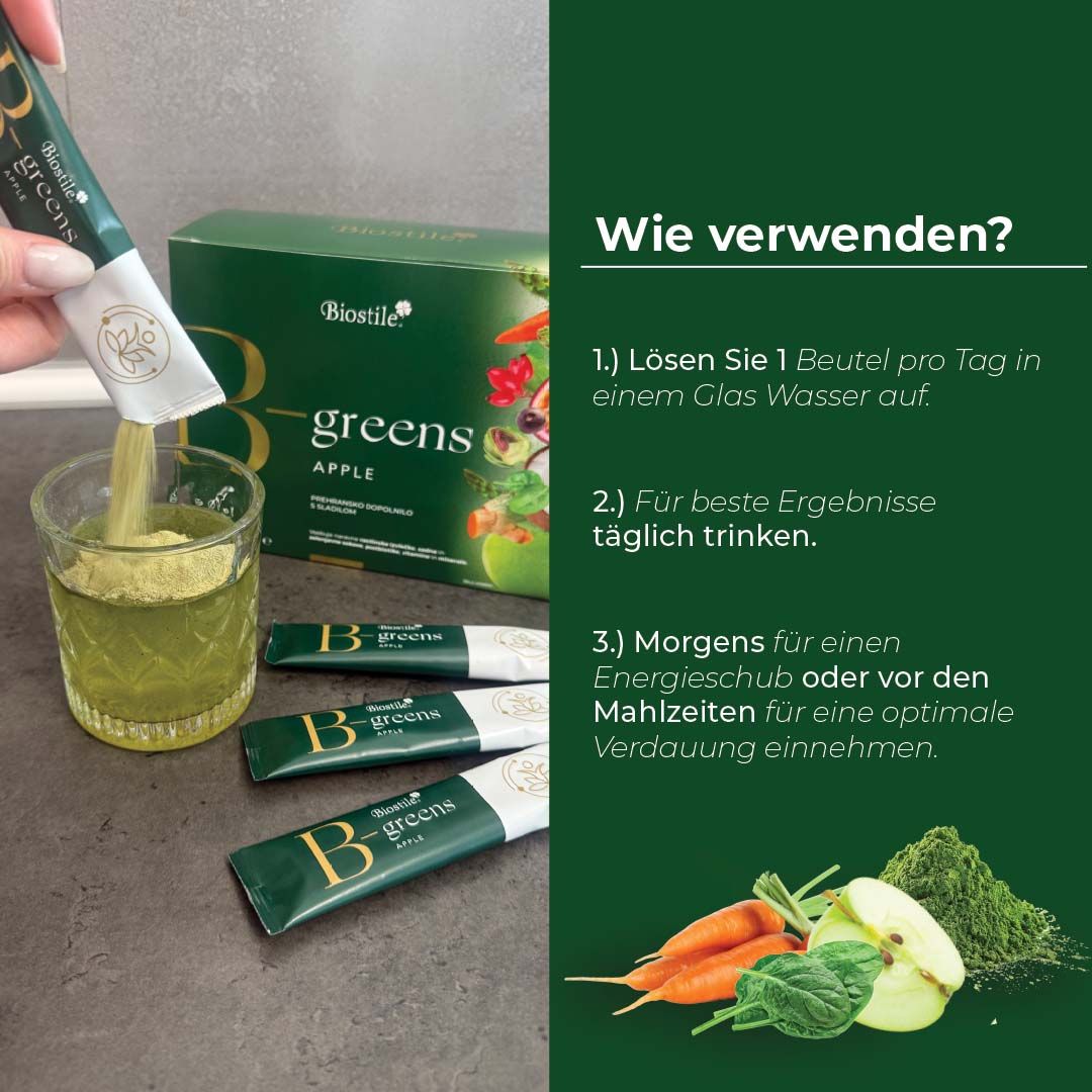 Biostile Greens Apple Pulver in einem Glas Wasser aufgelöst. Einzelne Beutel und eine Packung sind sichtbar.
