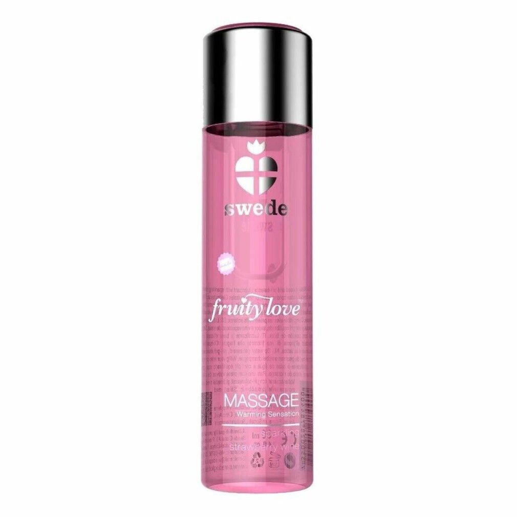 Rosa Flüssigkeit in einer zylindrischen Flasche mit silberner Kappe. Aufschrift: swede, fruity love, Massage.