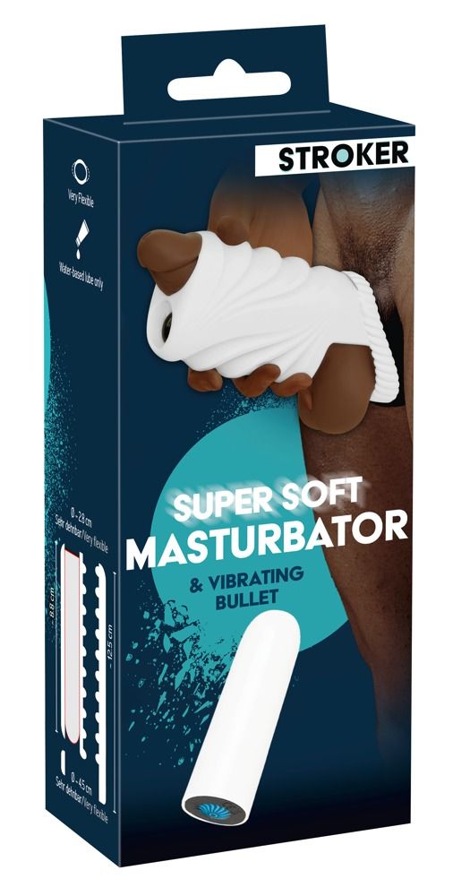 Verpackung mit Produktabbildung. Text: STROKER, SUPER SOFT MASTURBATOR & VIBRATING BULLET. Maße und Produktabbildungen.