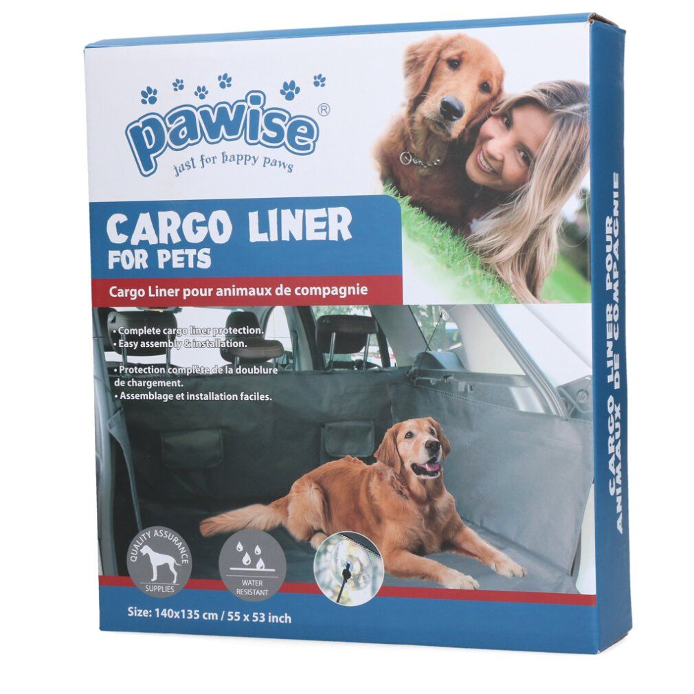 Produktverpackung mit dem Produktbild. Auf der Verpackung steht "Pawise" und "Cargo Liner for pets". Größe: 140x135cm / 55 x 53 inch.