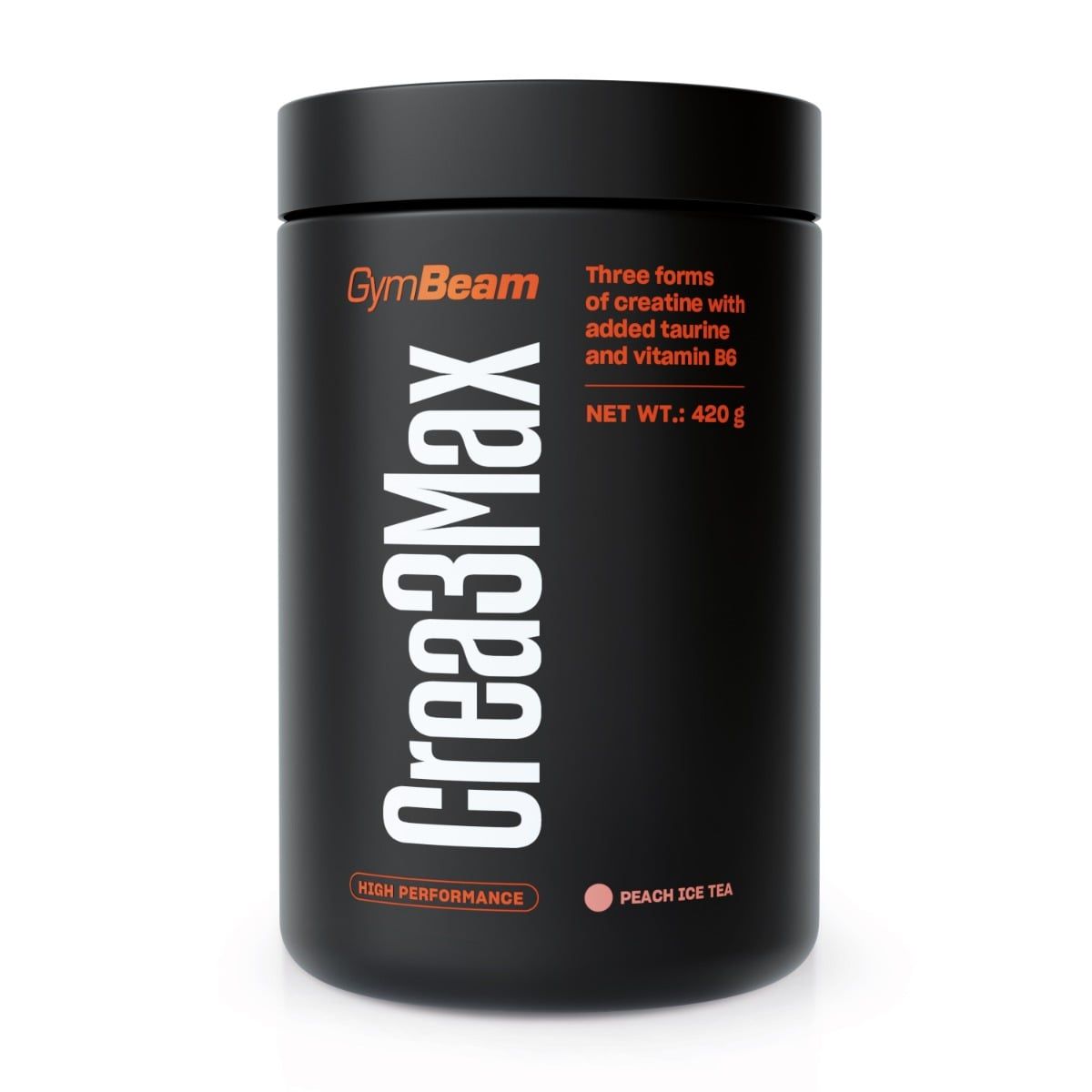 Schwarzer Behälter mit Crea3Max Aufschrift, enthält 420g Pulver. Enthält Taurin und Vitamin B6.