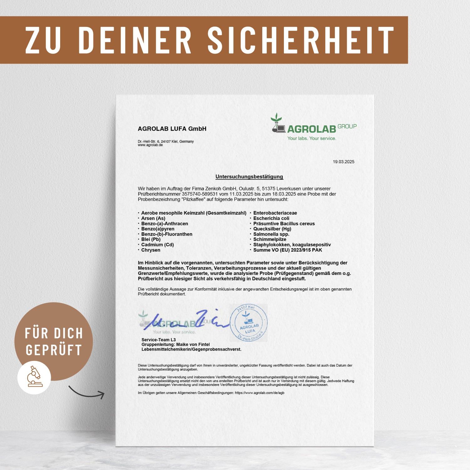 Zertifizierungsdokument der Agrolab LUFA GmbH. Text: Untersuchungsergebnis. Für Dich geprüft. Unterschrift.