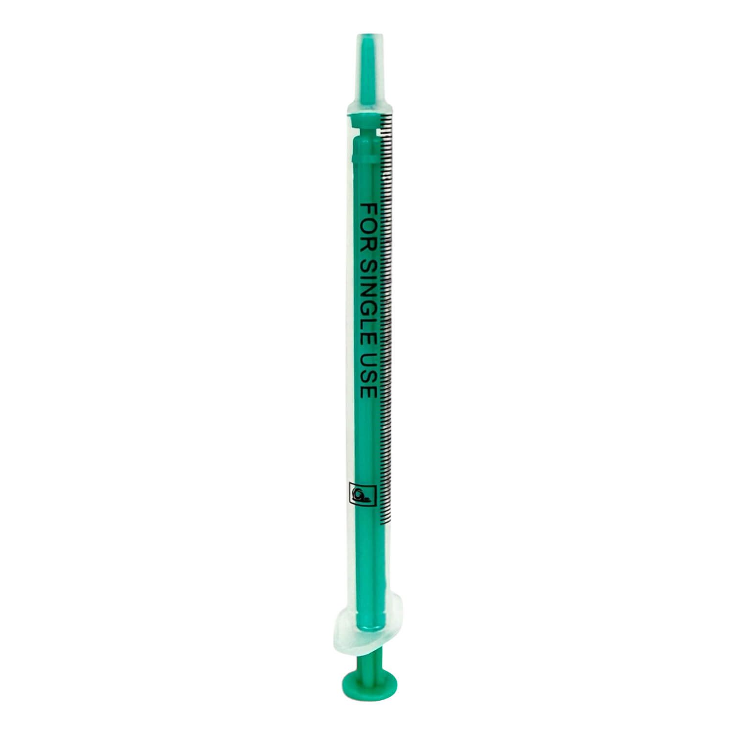 Grüne Einwegspritze, 2-teilig, 1 ml, mit Luer-Anschluss und Aufschrift 'FOR SINGLE USE'.