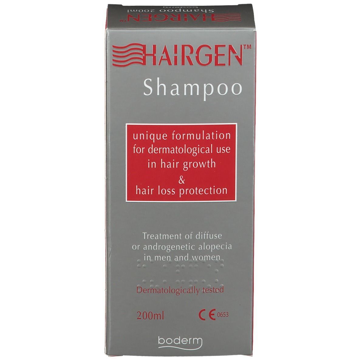 HAIRGEN Shampoo-Verpackung. Graue Schachtel mit rotem Rechteck und Text. Dermatologisch getestet. 200ml.