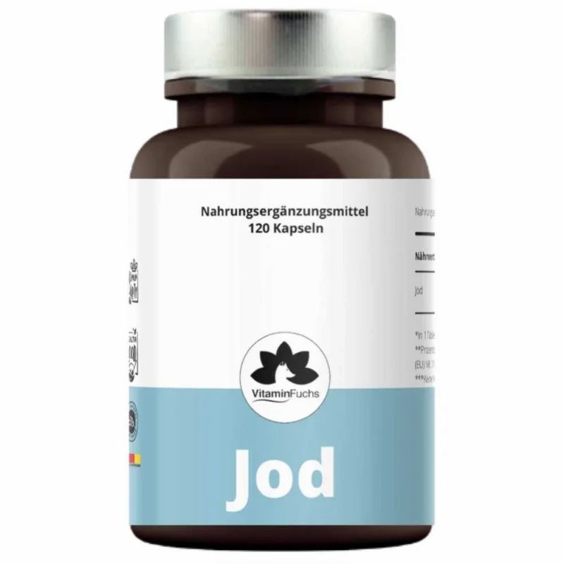 Braune Flasche mit silbernem Deckel. Aufschrift: Jod, 120 Kapseln, VitaminFuchs Logo. Blaue und weiße Etiketten.