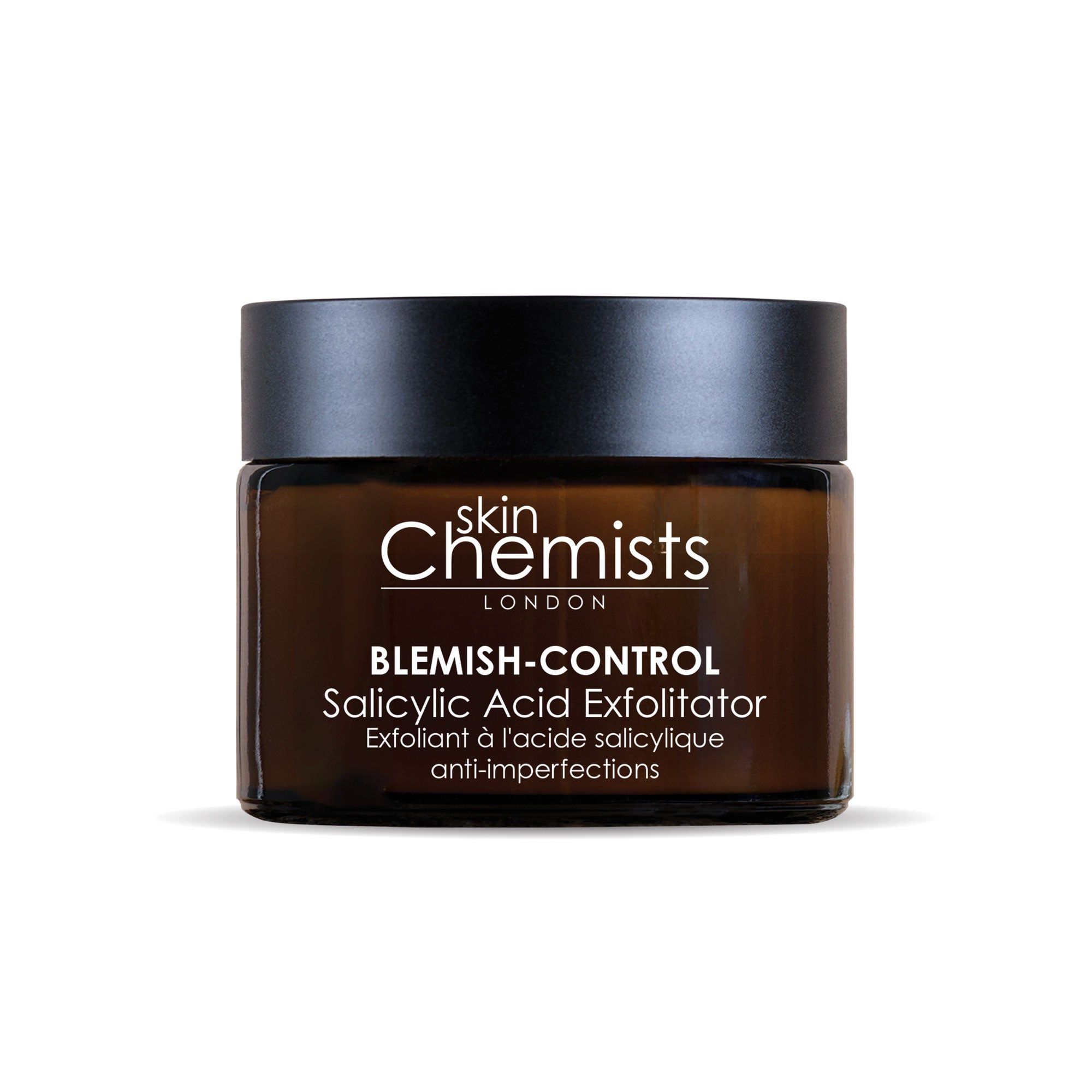 skinChemists Blemish-Control Salicylsäure Exfoliator. Brauner Tiegel mit schwarzem Deckel. Text: skinChemists, Blemish-Control, Salicylsäure.