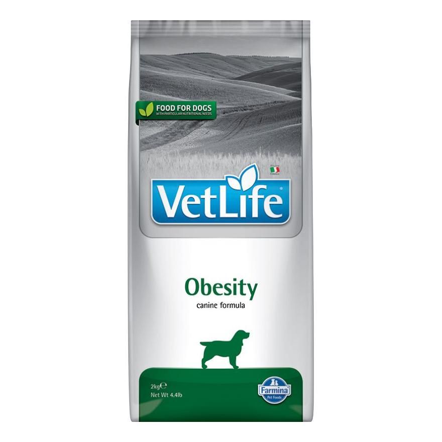 Beutel Trockenfutter für Hunde. Aufschrift 'VetLife Obesity canine formula'. Grün-weiße Verpackung mit Logo und Hundesilhouette.