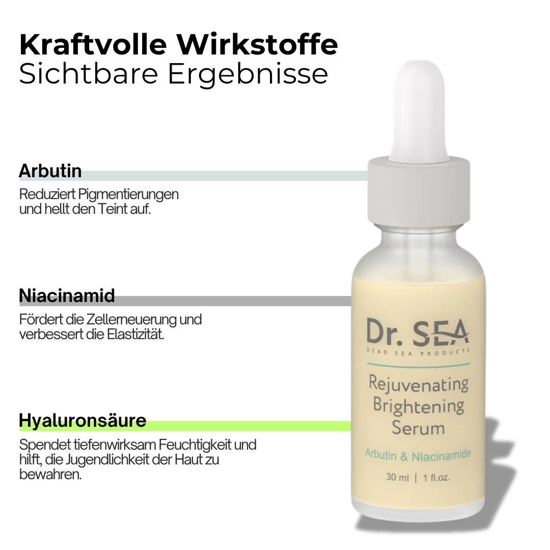 Serumflasche mit Text. Text: Dr. SEA, Rejuvenating Brightening Serum, Arbutin & Niacinamide. Mit Infografik.