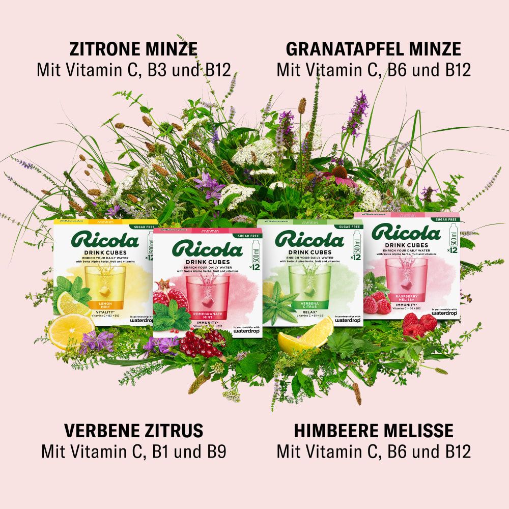 Waterdrop® x Ricola Microdrink  Taster Pack Quartett - Himbeere, Zitrone Minze, Granatapfe & Verbene
