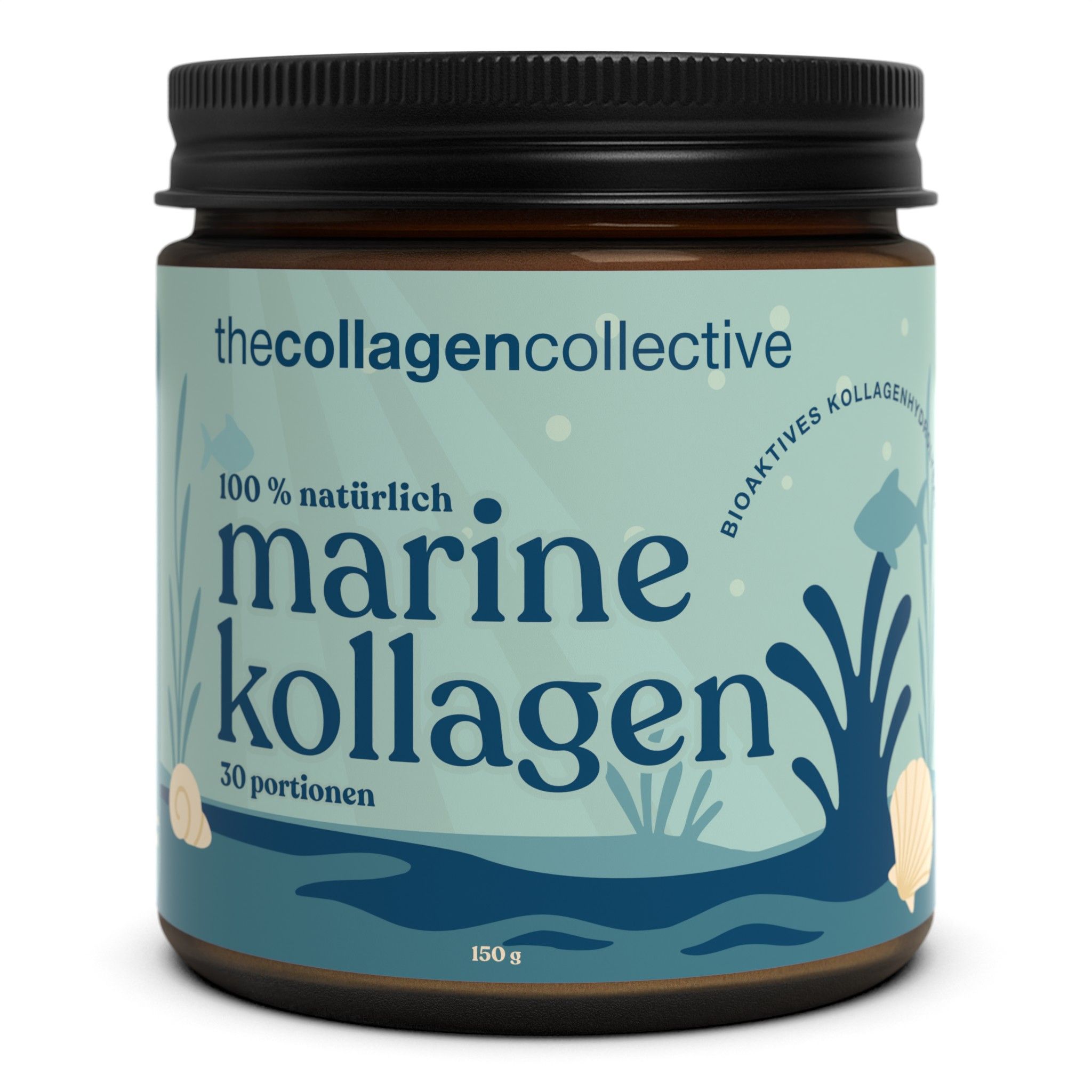 Braunes Glas mit schwarzem Deckel. Aufkleber mit "thecollagencollective", "marine kollagen", 30 Portionen, 150g.