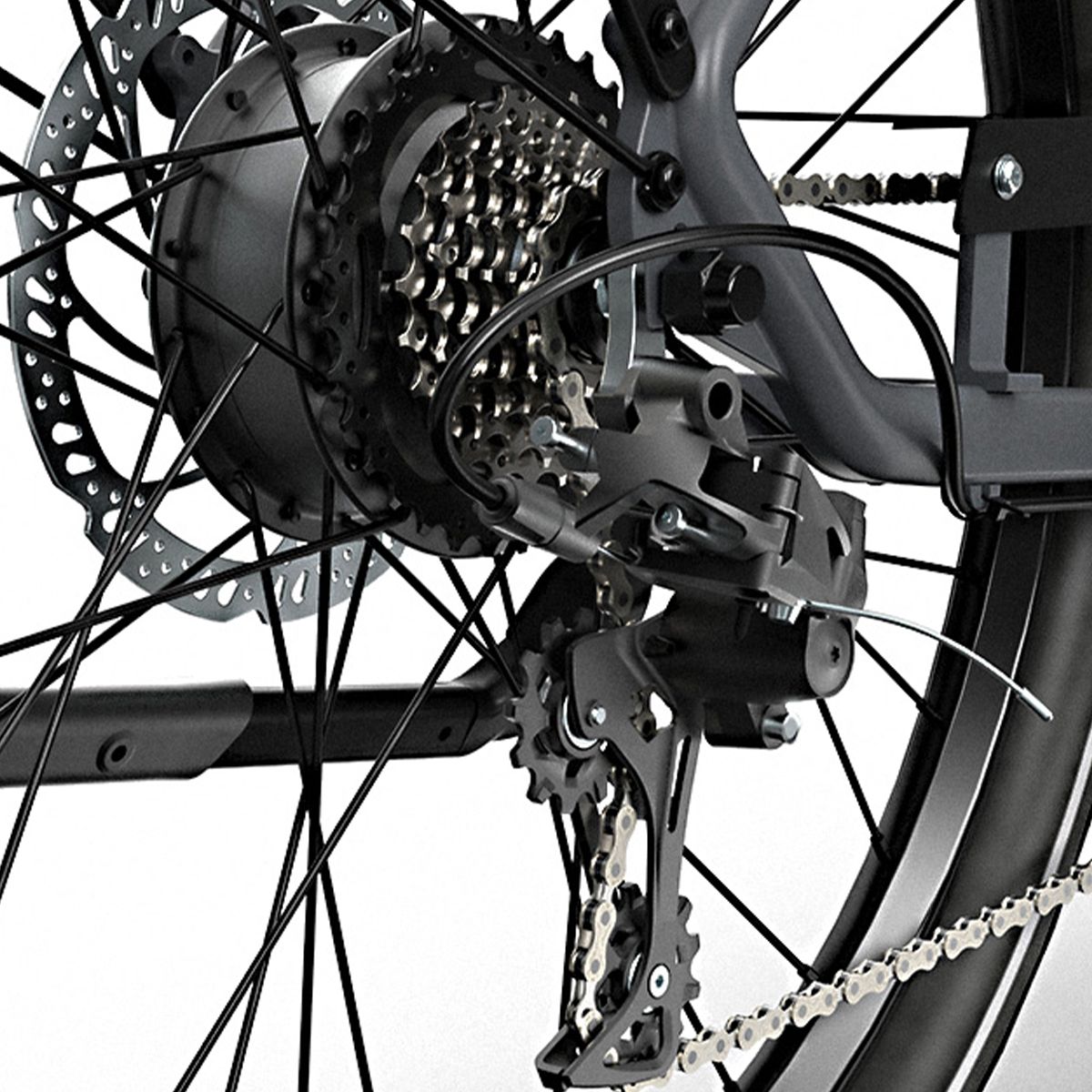 Nahaufnahme der hinteren Fahrradkomponenten. Zahnräder, Kette und Bremsscheibe.