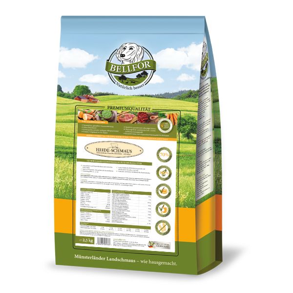 Bellfor Trockenfutter-Beutel. Grün-weiß mit Logo und Text. Landschafts-Hintergrund. 2,5 kg. Premiumqualität.
