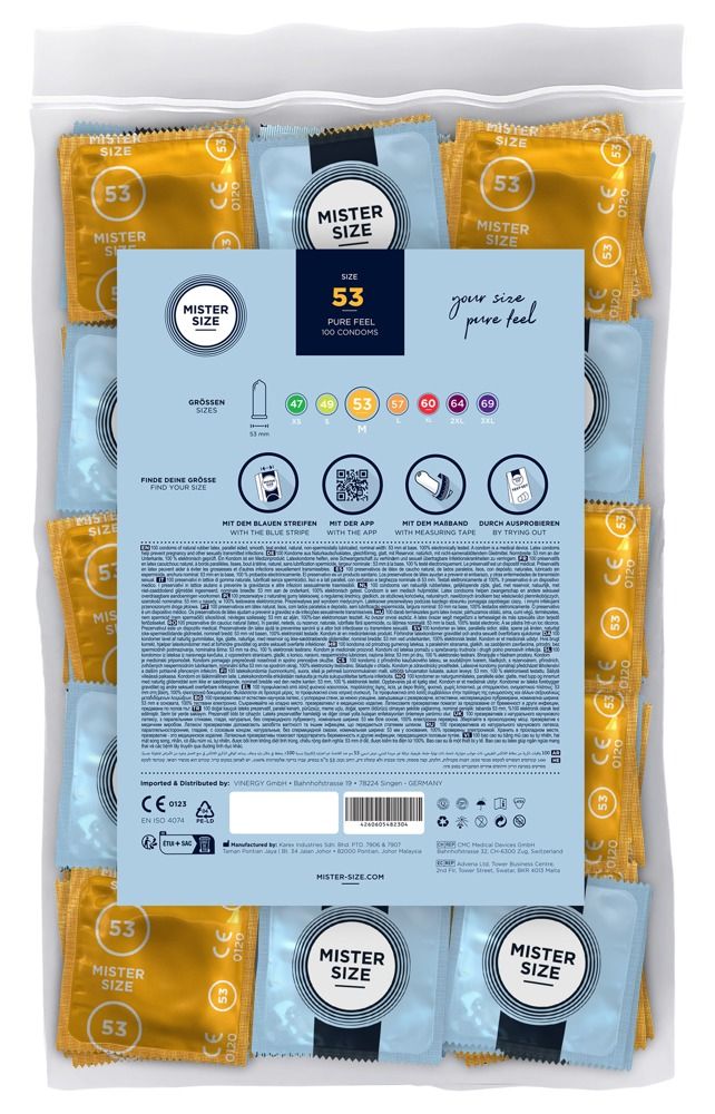 Verpackung mit Kondomen. Rückseite mit Informationen. Aufdruck: Mister Size, 53. Größenangaben.
