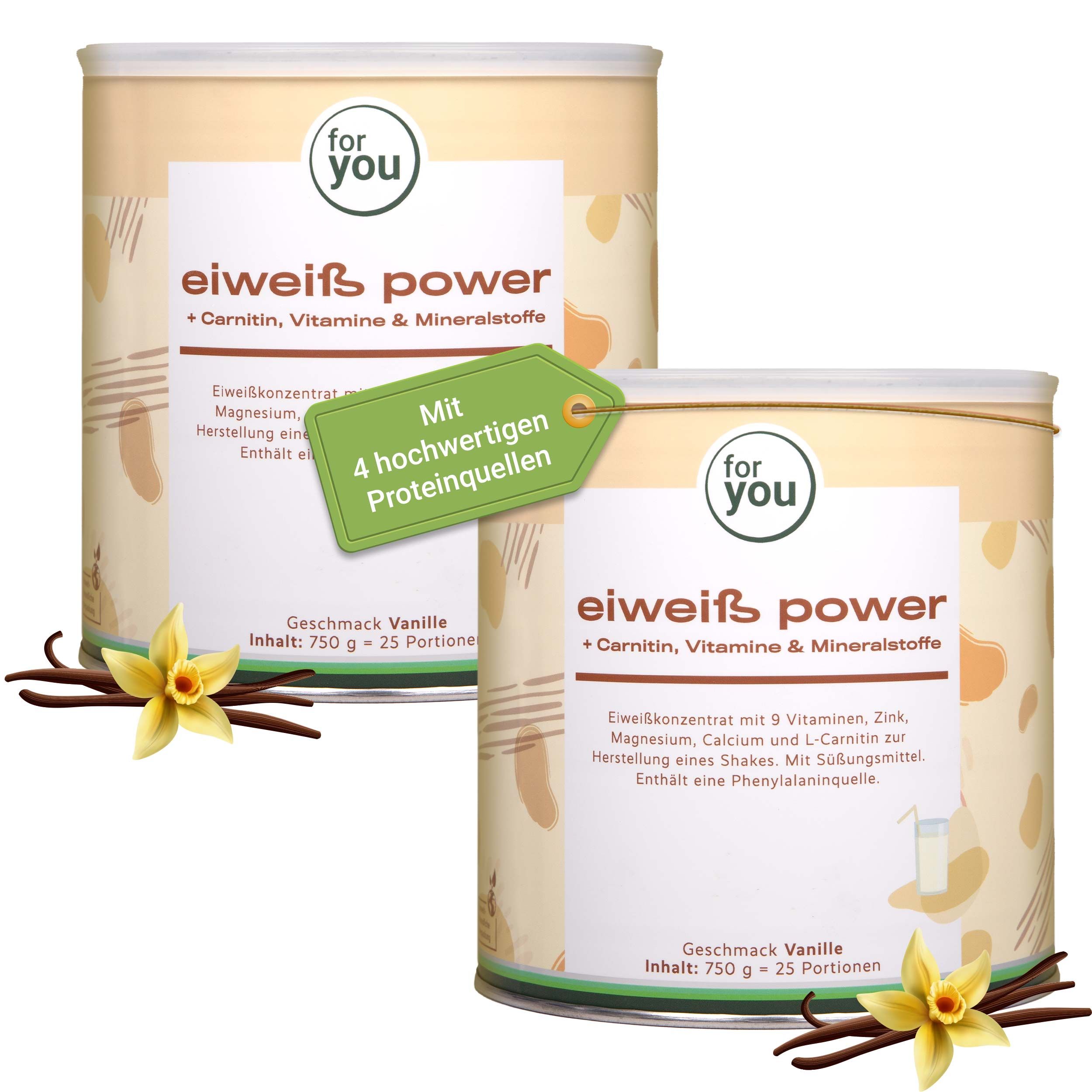 Zwei Dosen Eiweiß Pulver "for you Eiweiß Power" Geschmack Vanille, 750g.
