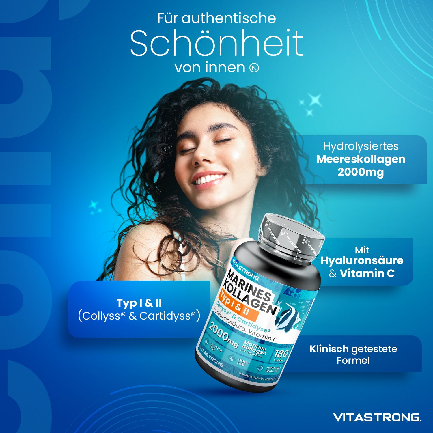 Verpackung mit Produktinformationen. Marine Collagen Typ I & II. 180 Tabletten. Mehrsprachig.