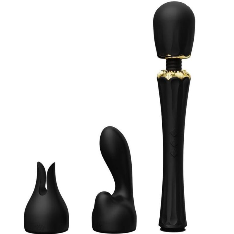 Schwarzer Stabvibrator mit goldener Verzierung und drei Aufsätzen.