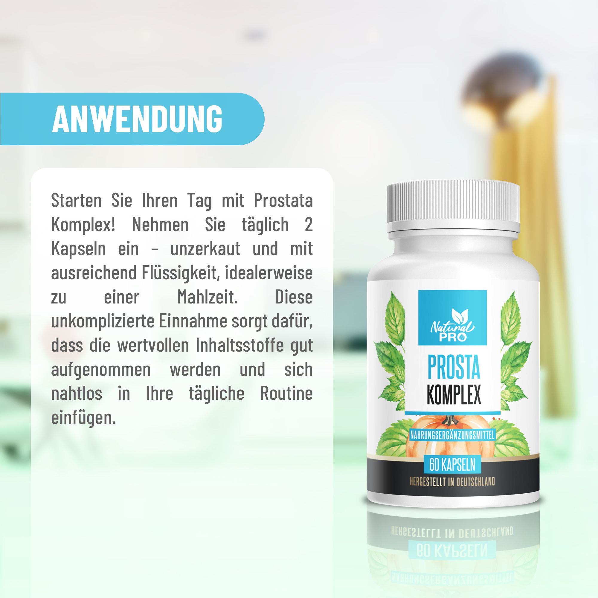 Anwendung: Einnahme von 2 Kapseln täglich mit Flüssigkeit. Flasche mit Natural Pro Prostata Komplex, 60 Kapseln.