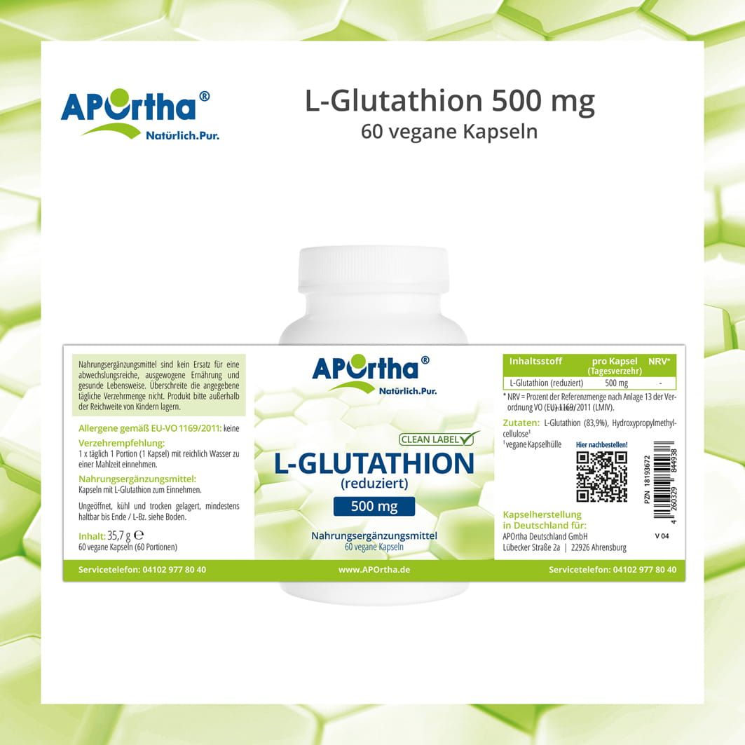 Weiße Flasche mit Etikett: APOrtha L-Glutathion (reduziert) 500 mg, 60 vegane Kapseln. Text: Nahrungsergänzungsmittel. Clean Label.