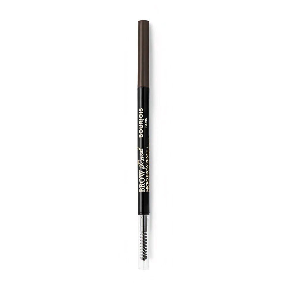 Brauenstift mit Bürste. Schwarzer Stift, braune Mine. Aufschrift: Bourjois Paris, Brow Reveal Micro Brow Pencil.