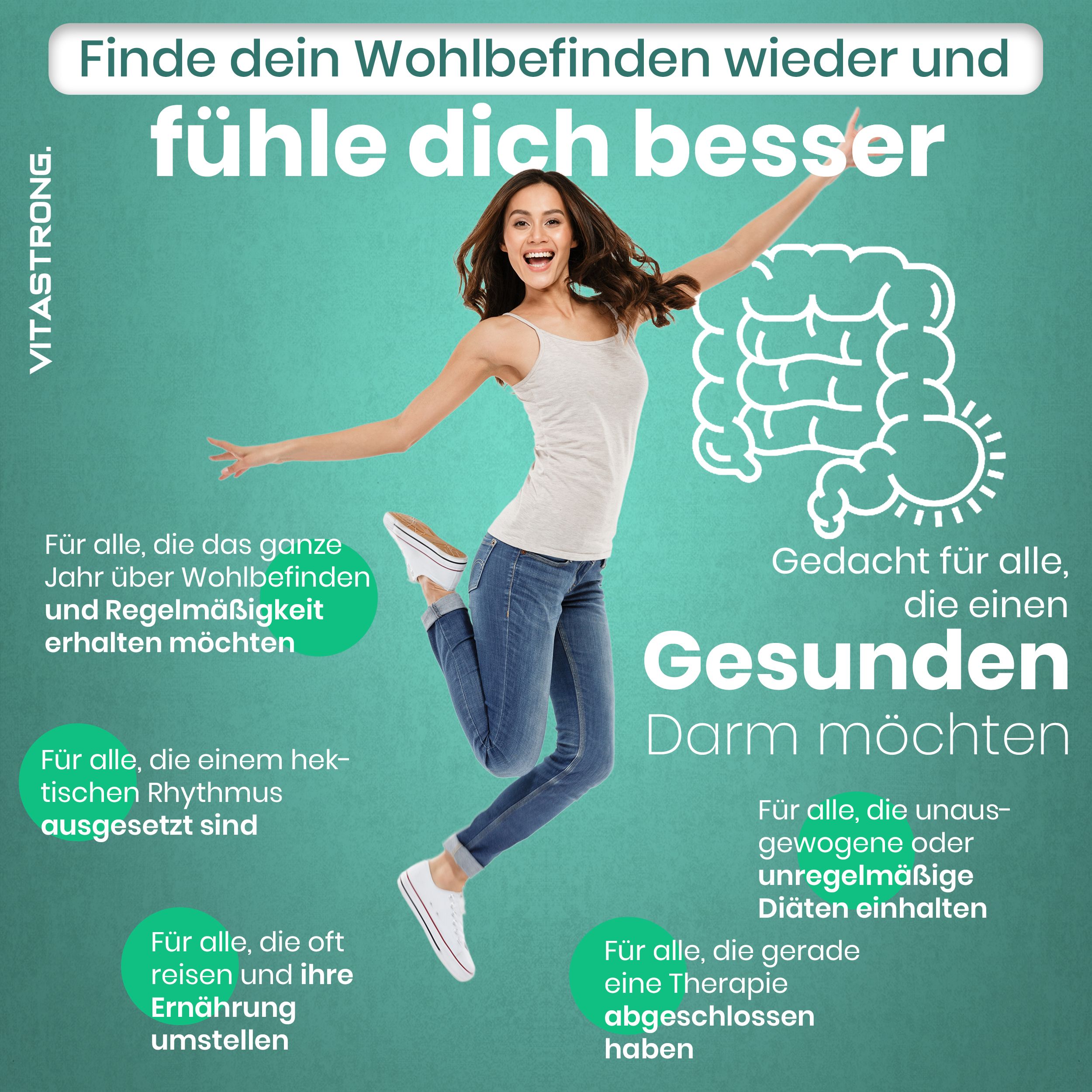 Werbebild mit einer springenden Frau. Text: Finde dein Wohlbefinden wieder und fühle dich besser.