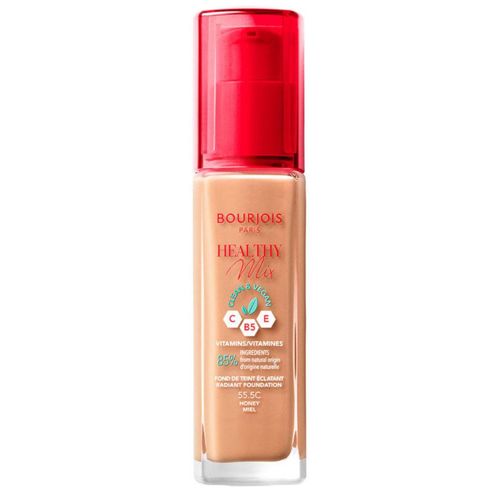 Foundation-Flasche mit rotem Deckel. Aufschrift: Bourjois Healthy Mix. Farbton 55.5C Honey.