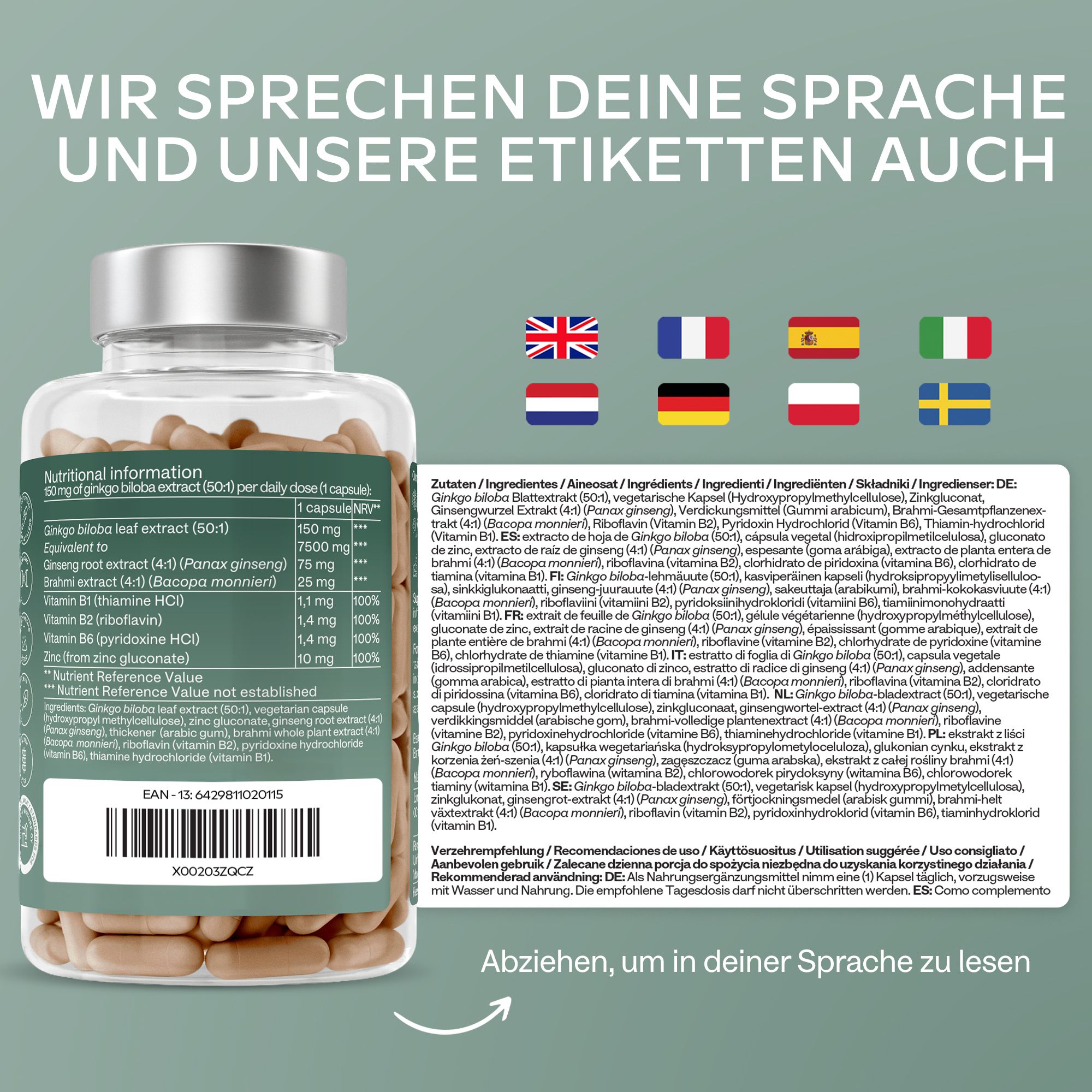 Aavalabs Ginkgo Biloba Komplex: Nährwertangaben und mehrsprachige Etiketten.