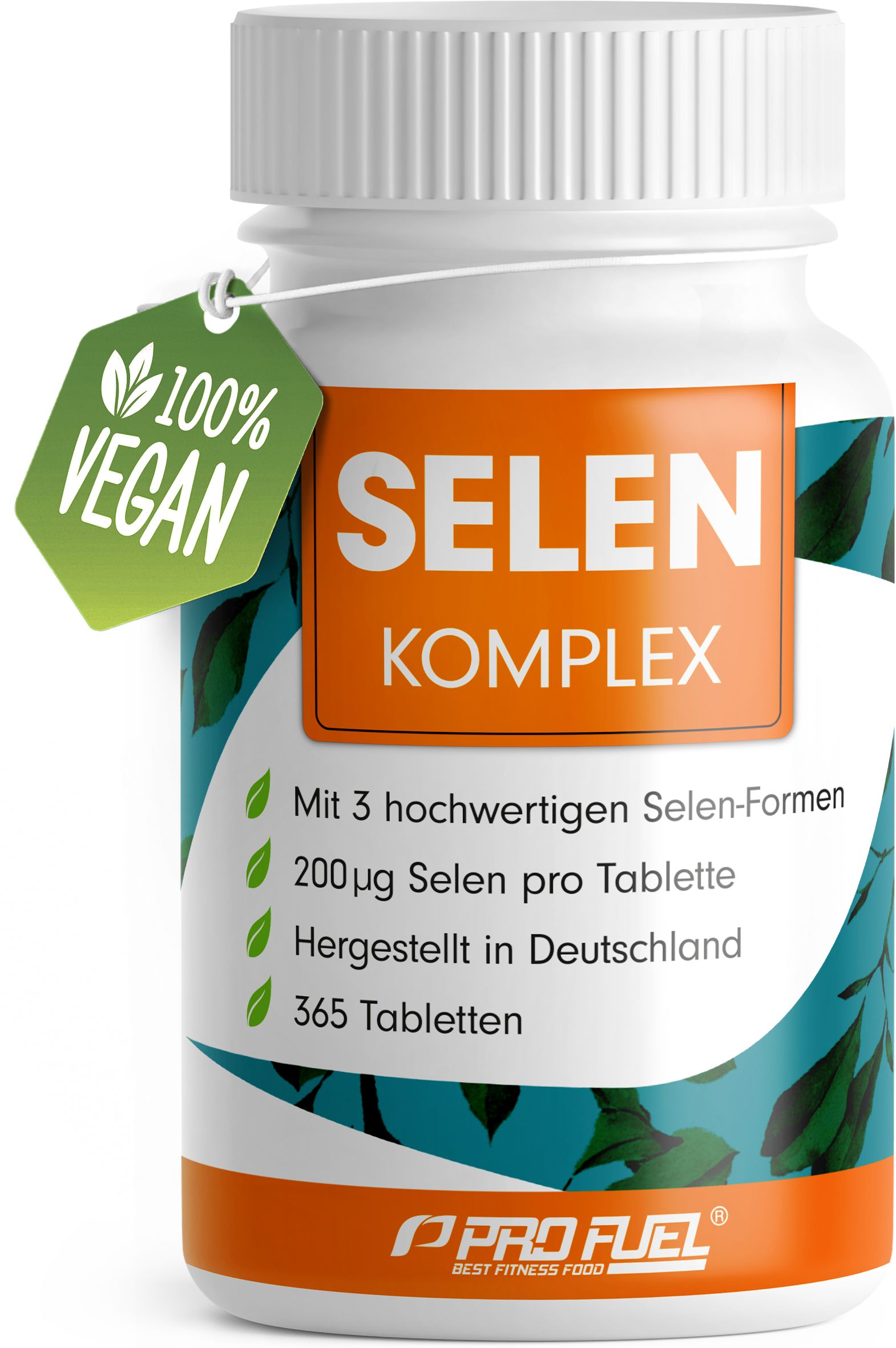 Weiße Flasche mit Selen Komplex. Grün-oranges Etikett mit Text. 100% Vegan-Anhänger. 365 Tabletten.