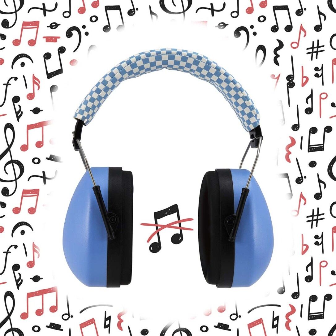 Gehörschutz für Babys und Kinder mit Noten Hintergrund. Blau, schwarz und weiß.