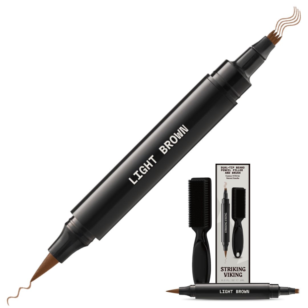 Zweiseitiger Bartstift-Auffüller in Hellbraun mit Applikator und Bürste.