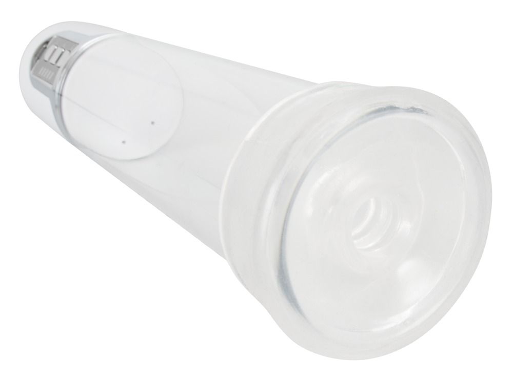 Transparente Penispumpe mit weißem Kopf. Der Zylinder ist schräg gestellt.