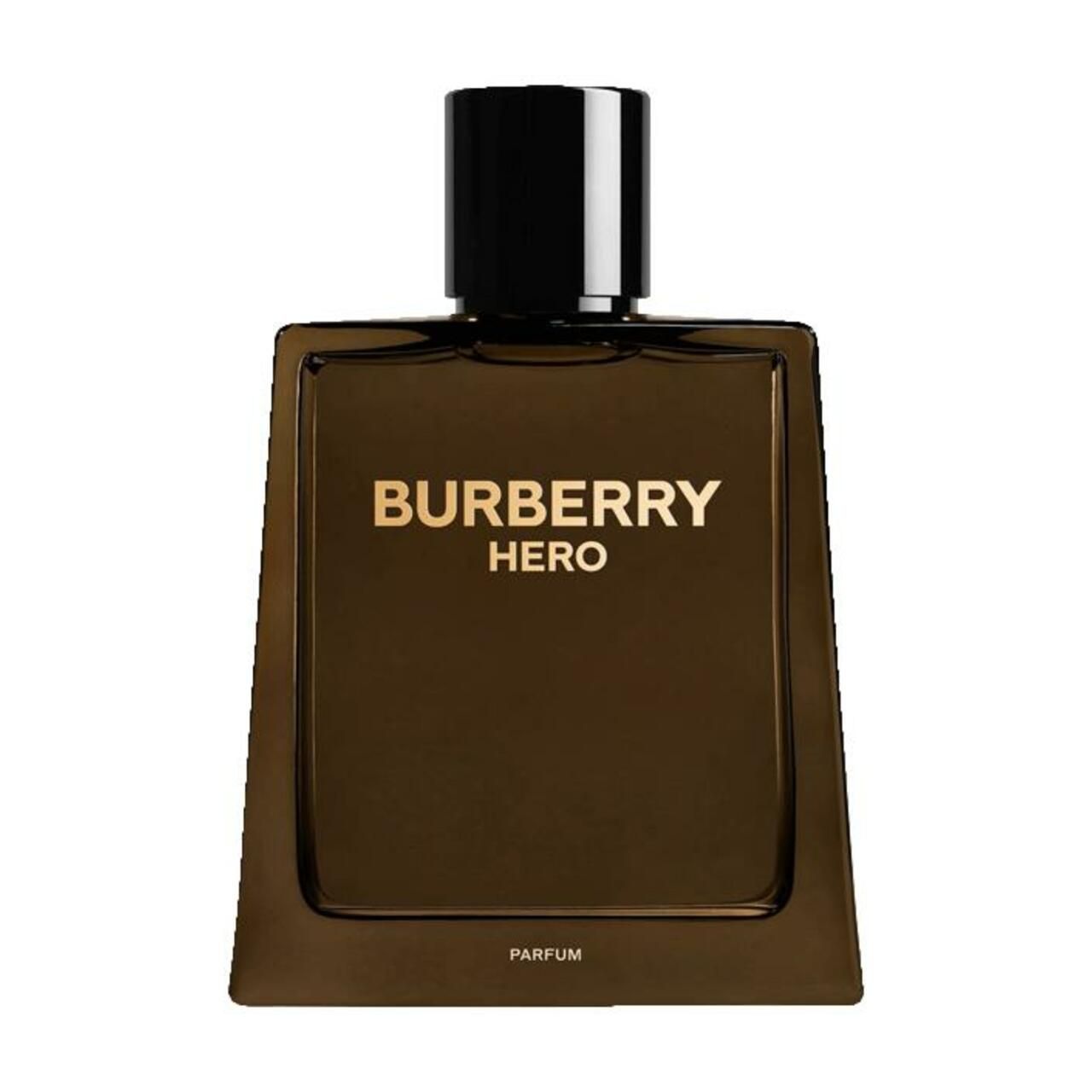 Burberry Hero Parfum Nat. Spray Flakon, braun. Schwarzer Verschluss. Goldfarbener Schriftzug: BURBERRY HERO PARFUM.